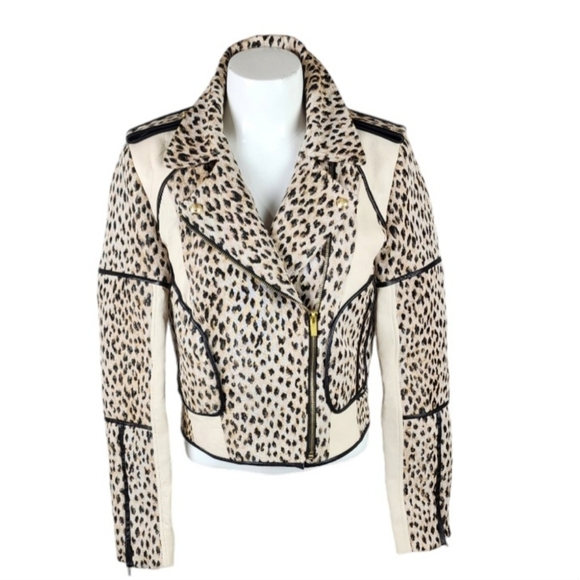 Diane Von Furstenberg DVF Theodora Leo Jacquard Leather Moto Jacket Cream Size 4 - Picture 4 of 16